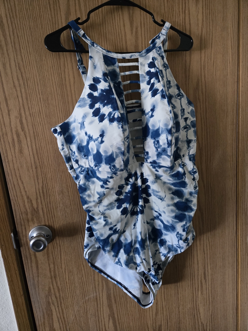 Cacique Blue and White Tie-Dye One-Piece Swimsuit with Ladder Front